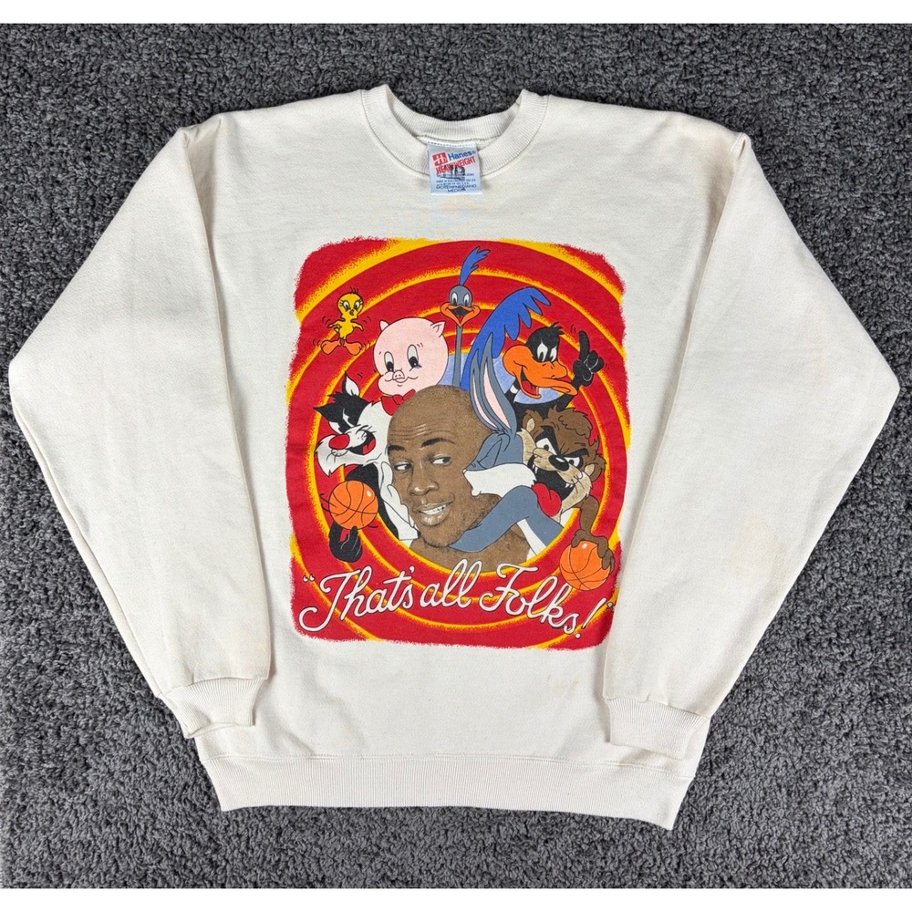Vintage 90s Hanes Space Jam Michael Jordan Chicago Bulls Sweatshirt Medium Cream